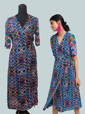 Anthropologie Condition Apply Timara Wrap Maxi Dress Geometric Print V-Neck Boho